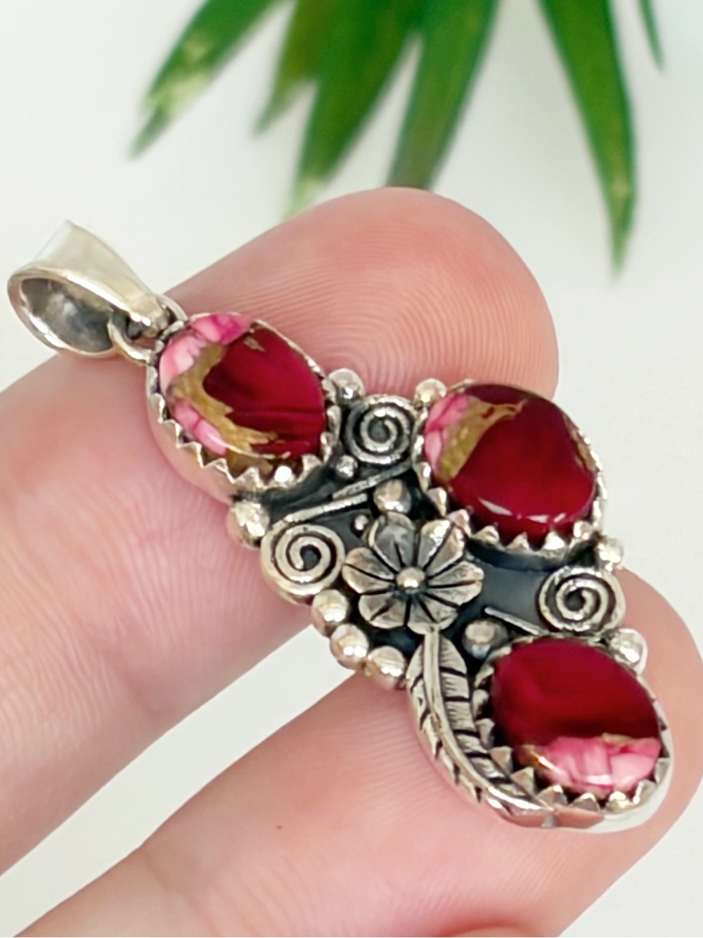Southwest Pure Sterling Silver 925 Genuine Red Rose Dahlia Turquoise Pendant New